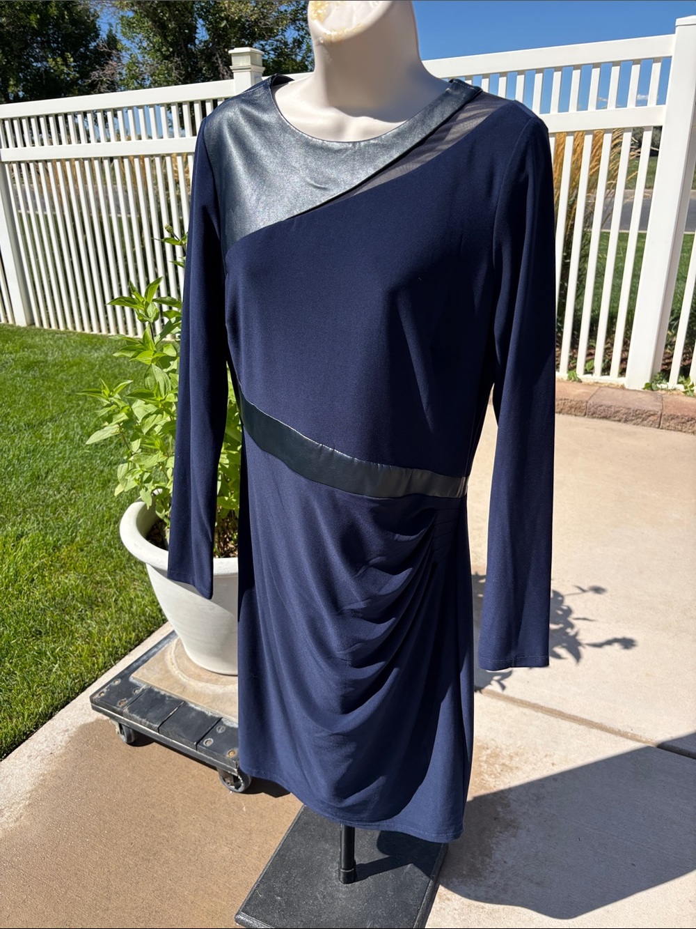 Lauren Ralph Lauren Blue Poly Dress w/ Sheer and Vegan like Leather, Zip Back